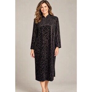 Vtg Shomi By Miller Shor Black Velvet Leaf Print Dress Mandarin Asian Collar 18